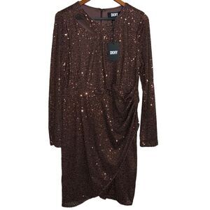 DKNY Dress Brown Cut Out Side Ruched Sequin size 12